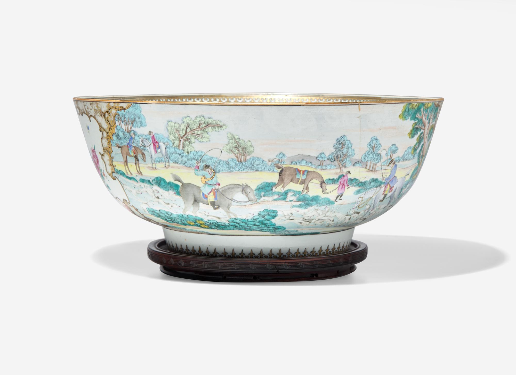 A Chinese Export Porcelain Famille Rose 'Hunt' Punch Bowl