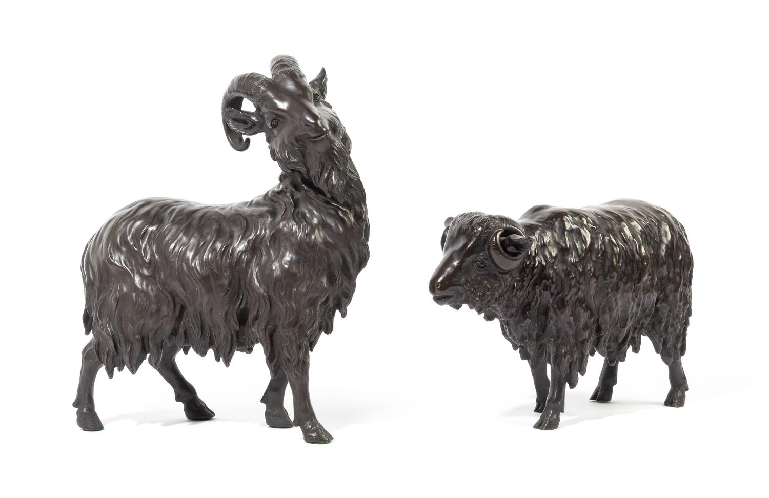 A Pair of Japanese Bronze Rams SIGNED ATSU YOSHI, LATE 19TH CENTURY, MEIJI PERIOD Height of tallest 11 3/4 inches. — SIGNED ATSU YOSHI, LATE 19TH CENTURY, MEIJI PERIOD