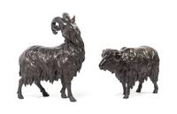 A Pair of Japanese Bronze Rams SIGNED ATSU YOSHI, LATE 19TH CENTURY, MEIJI PERIOD Height of tallest 11 3/4 inches. — SIGNED ATSU YOSHI, LATE 19TH CENTURY, MEIJI PERIOD