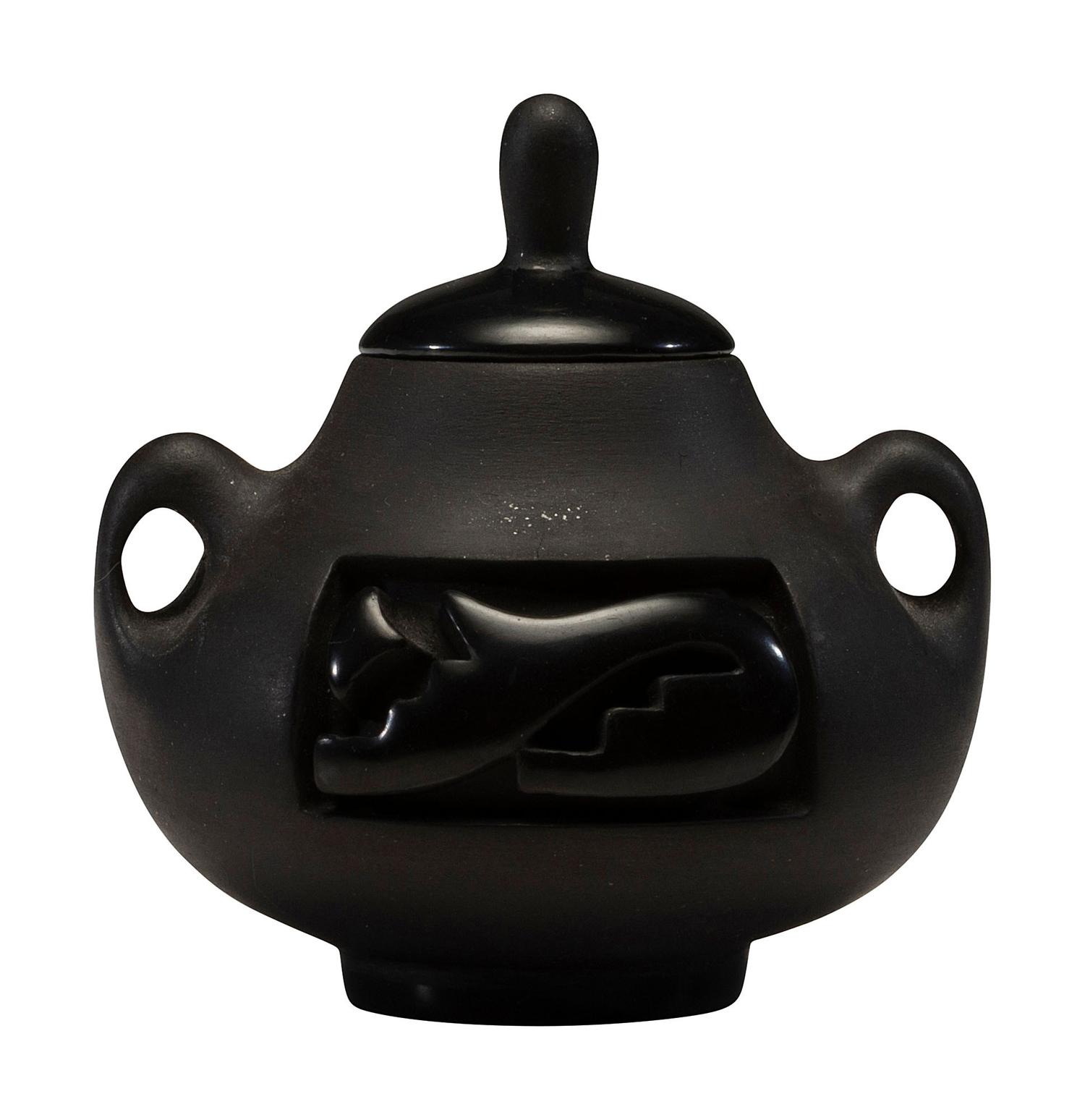 Carved Blackware Lidded Pottery Jar
