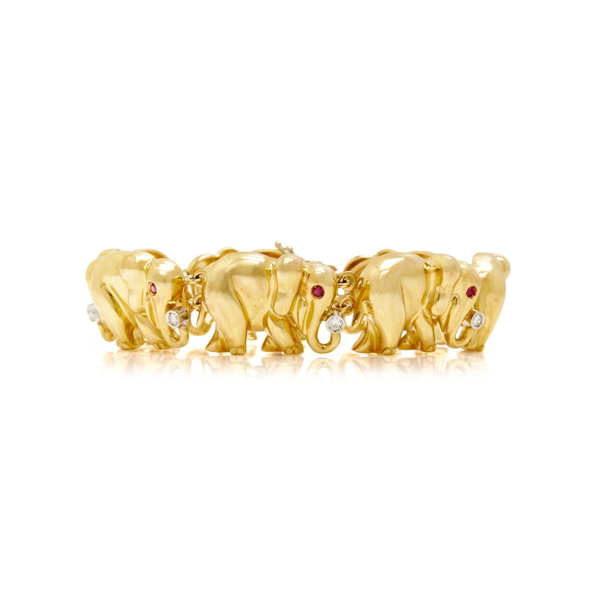YELLOW GOLD, DIAMOND AND RUBY ELEPHANT BRACELET