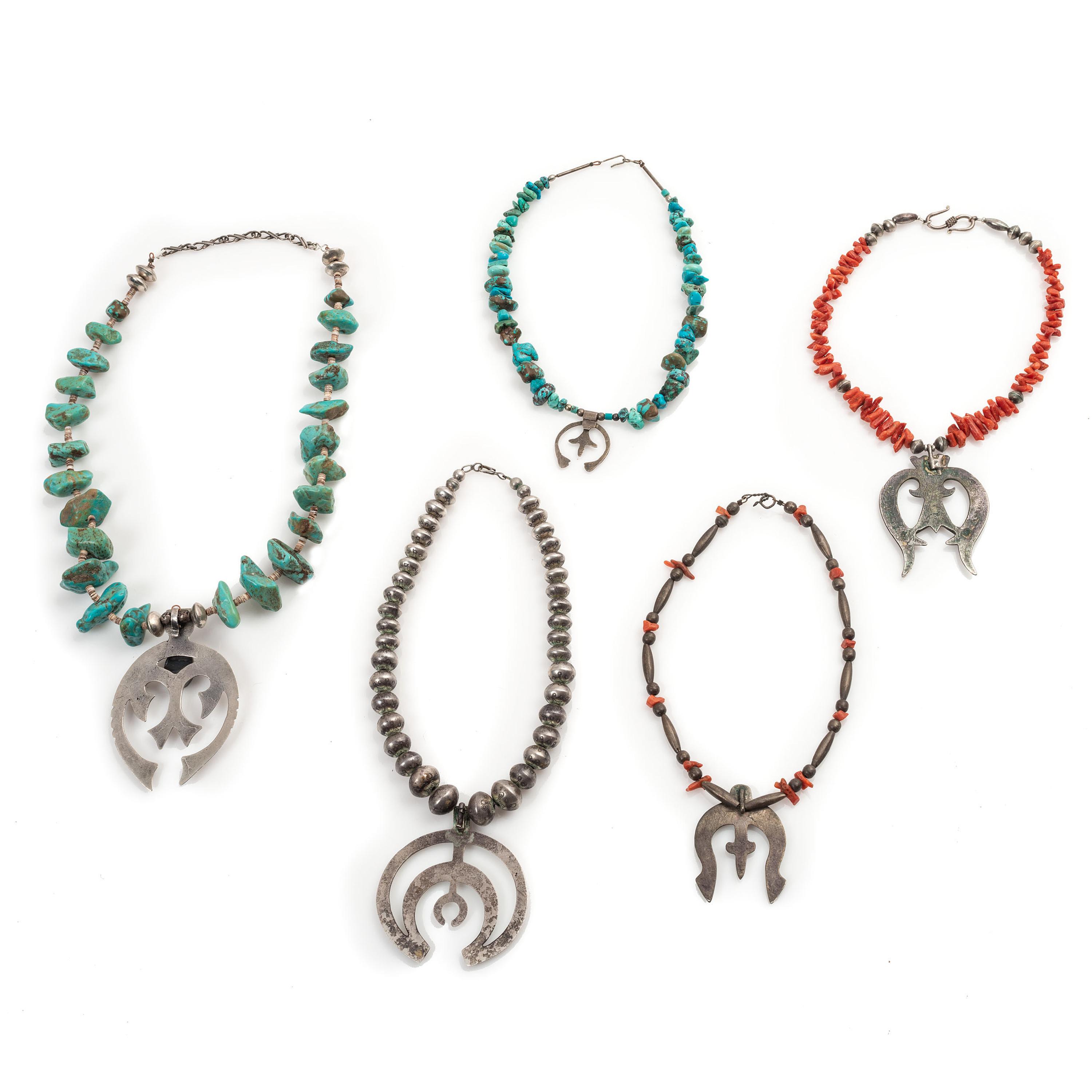 Navajo Sandcast Silver Najas, Strung on Single-Strand Necklaces