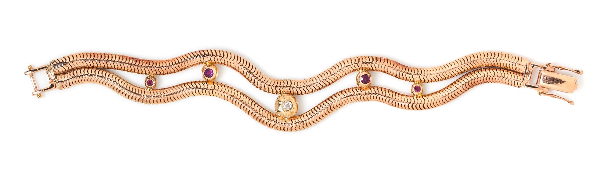 A Retro Rose Gold, Diamond and Ruby Bracelet, 28.10 dwts.