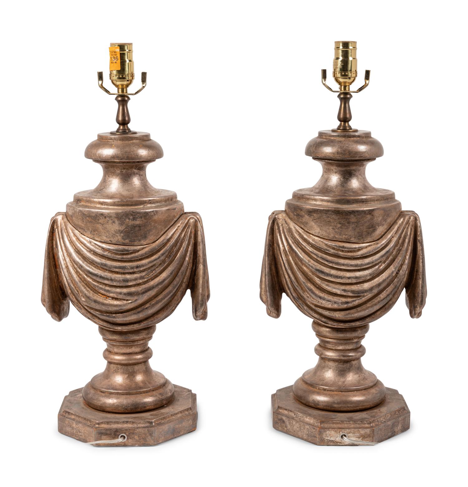 A Pair of Silvered Carved Wood Urns Mounted as Lamps