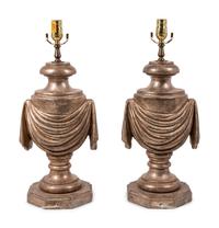 A Pair of Silvered Carved Wood Urns Mounted as Lamps