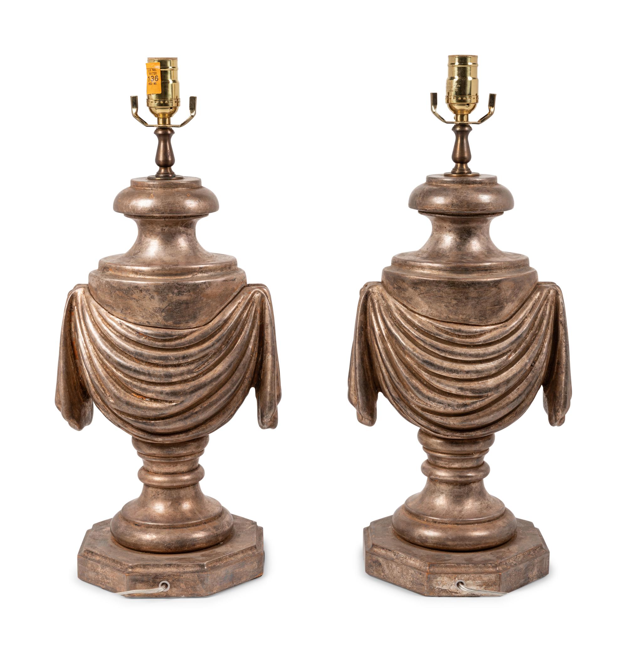 A Pair of Silvered Carved Wood Urns Mounted as Lamps