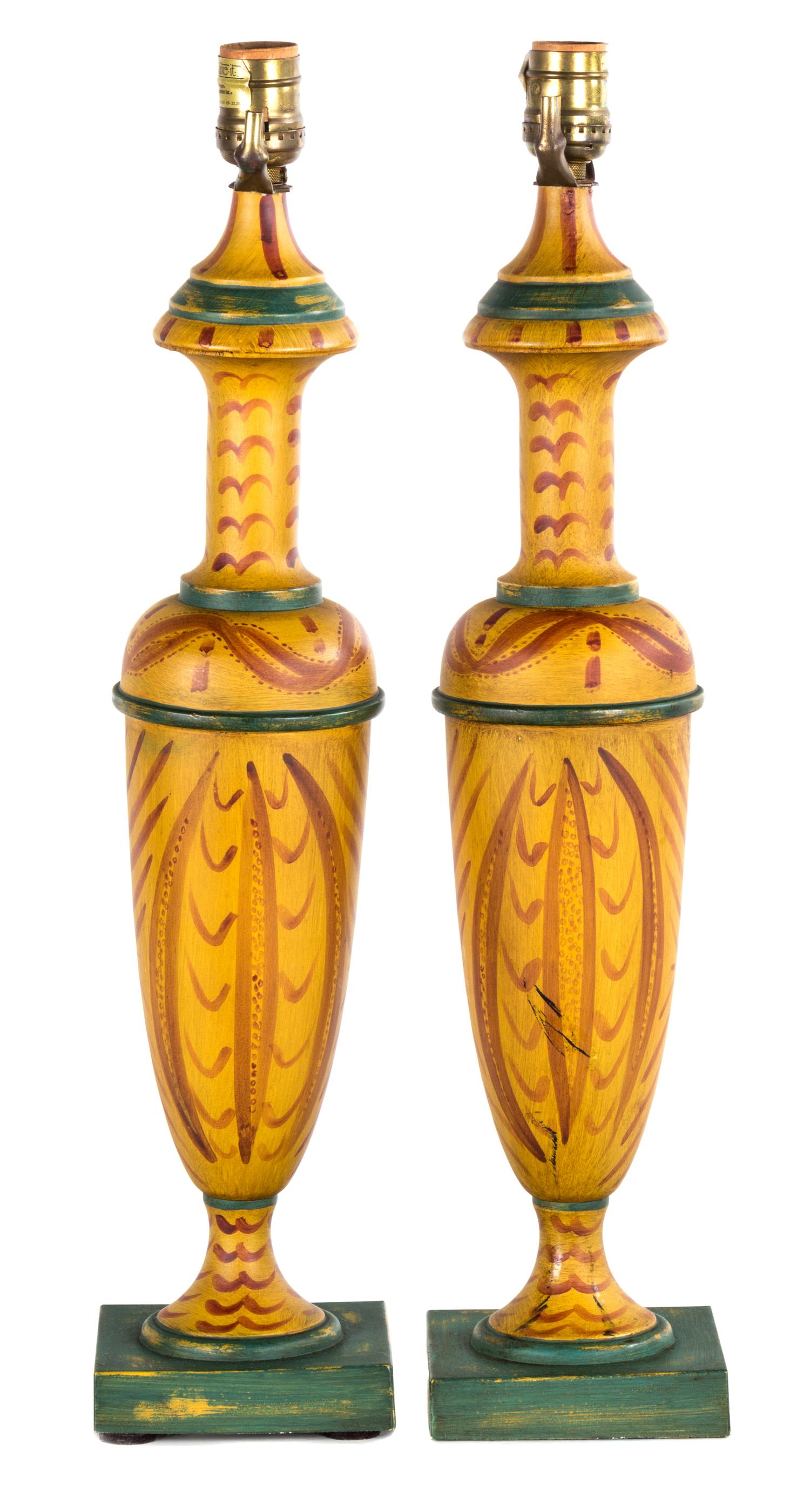 A Pair of Ruse, Blue and Cream Painted Wood Table Lamps Height 31 inches. — 20TH CENTURY