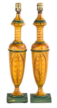 A Pair of Ruse, Blue and Cream Painted Wood Table Lamps Height 31 inches. — 20TH CENTURY