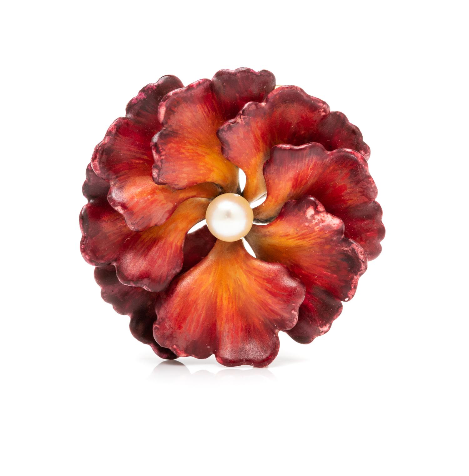 A 14 Karat Yellow Gold, Polychrome Enamel and Cultured Pearl Flower Pendant/Brooch, A.J. Hedges & Co., 5.00 dwts.
