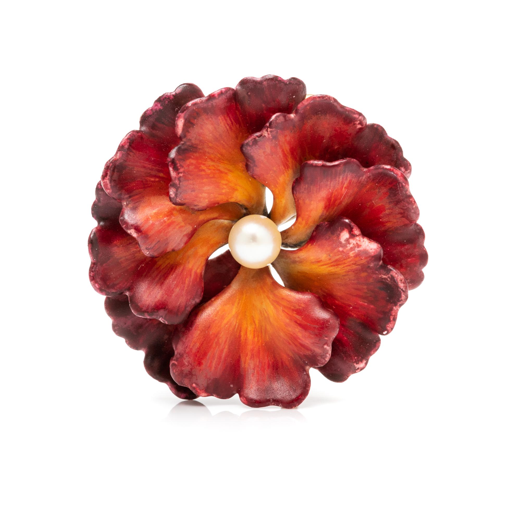 A 14 Karat Yellow Gold, Polychrome Enamel and Cultured Pearl Flower Pendant/Brooch, A.J. Hedges & Co., 5.00 dwts.