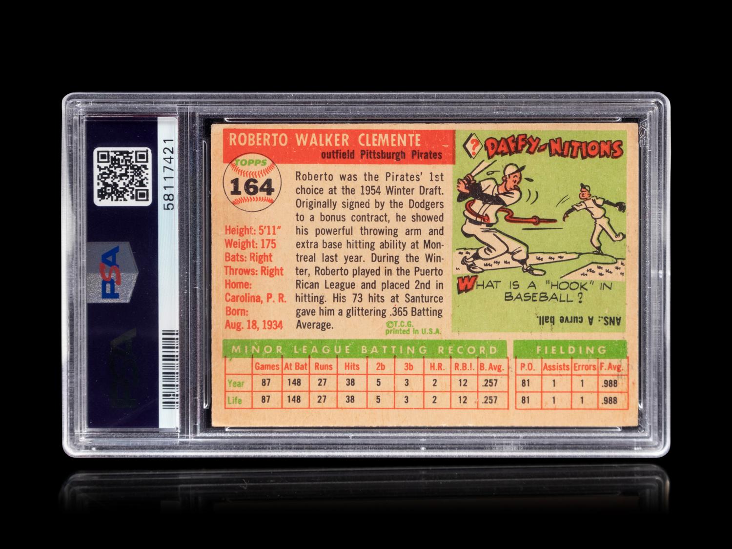 A 1955 Topps Roberto Clemente Rookie Baseball Card No. 164, PSA 1.5