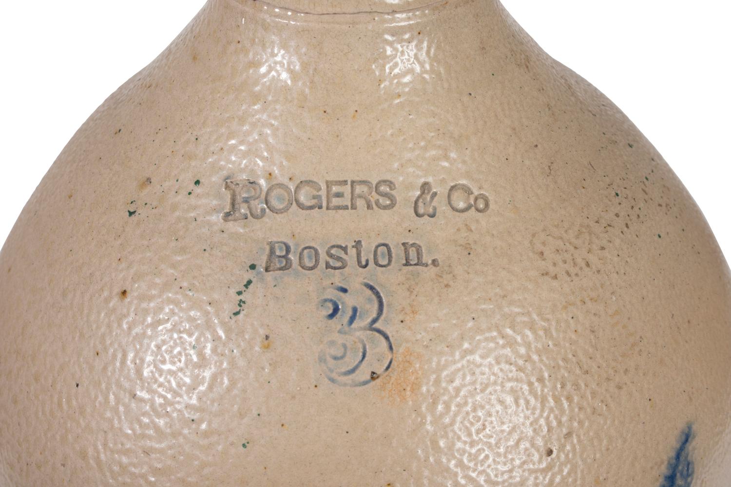 A Rogers & Co. Cobalt-Decorated Three-Gallon Stoneware Jug