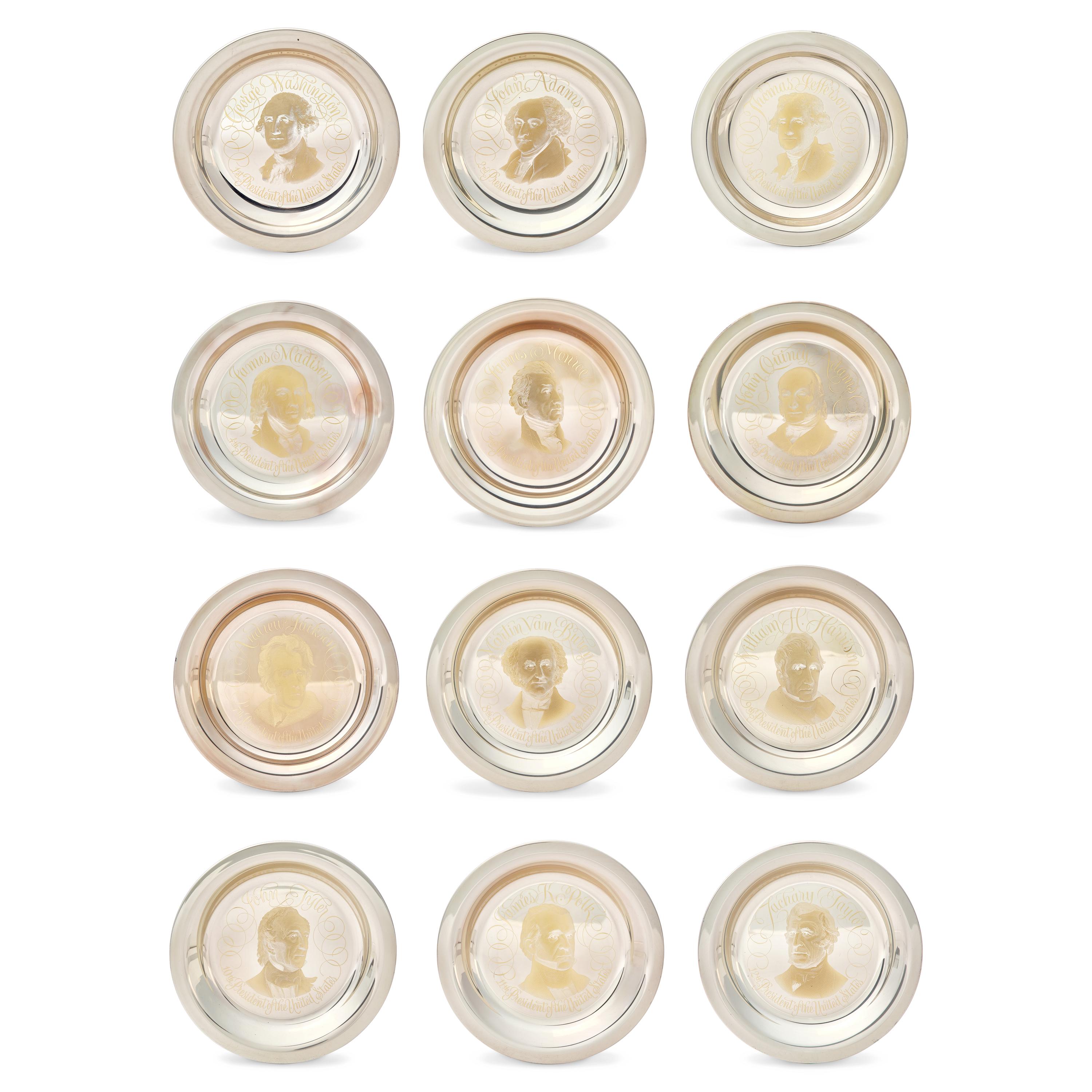 A Group of Twelve Franklin Mint 24K Gold Inlaid Sterling Presidential Plates, Circa 1976