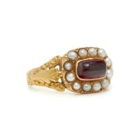 VICTORIAN, YELLOW GOLD, GARNET, AND SEED PEARL RING