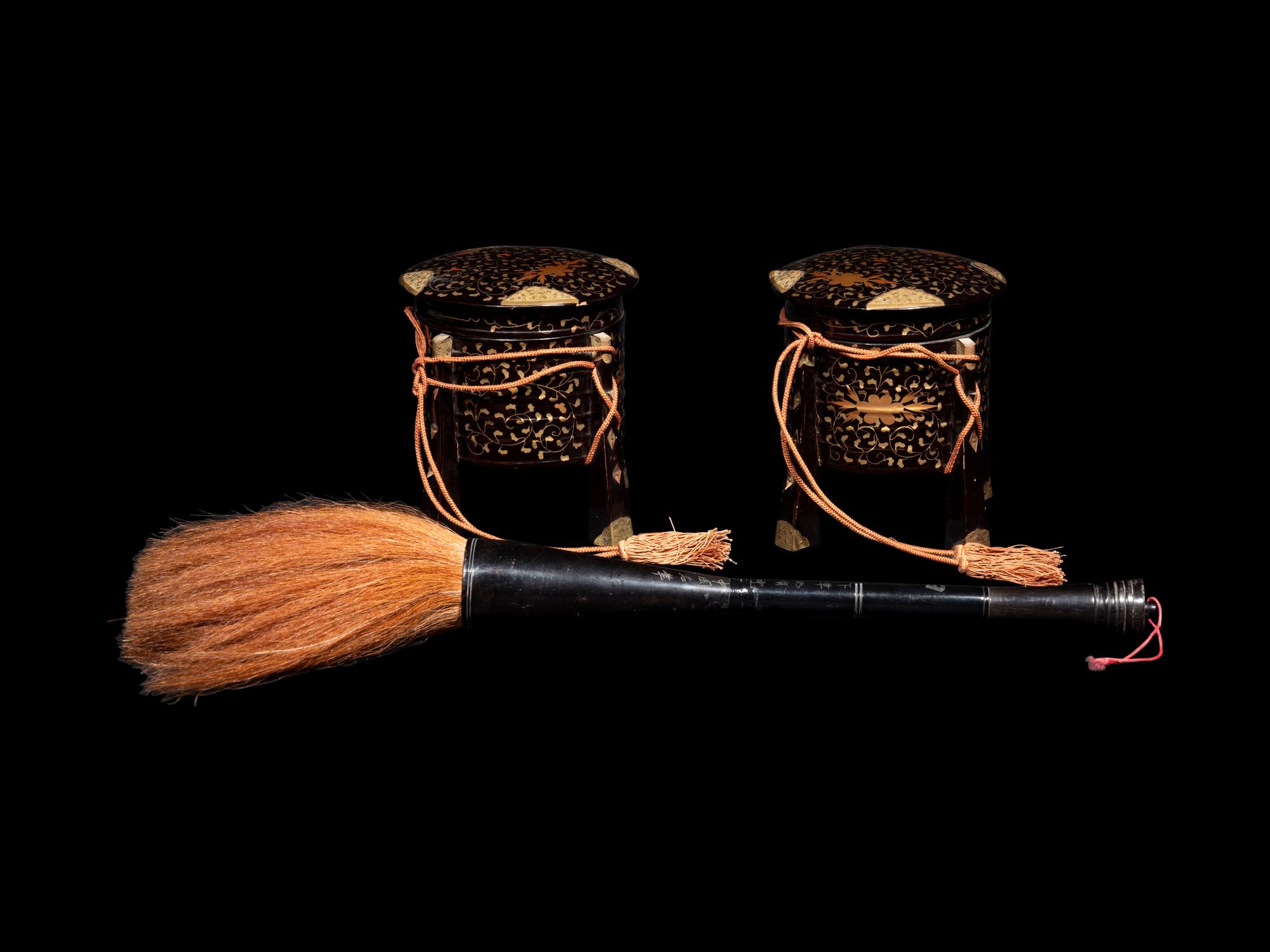 A Pair of Japanese Gold and Black Lacquer Hokai Shell Boxes and A Horsehair Paint Brush