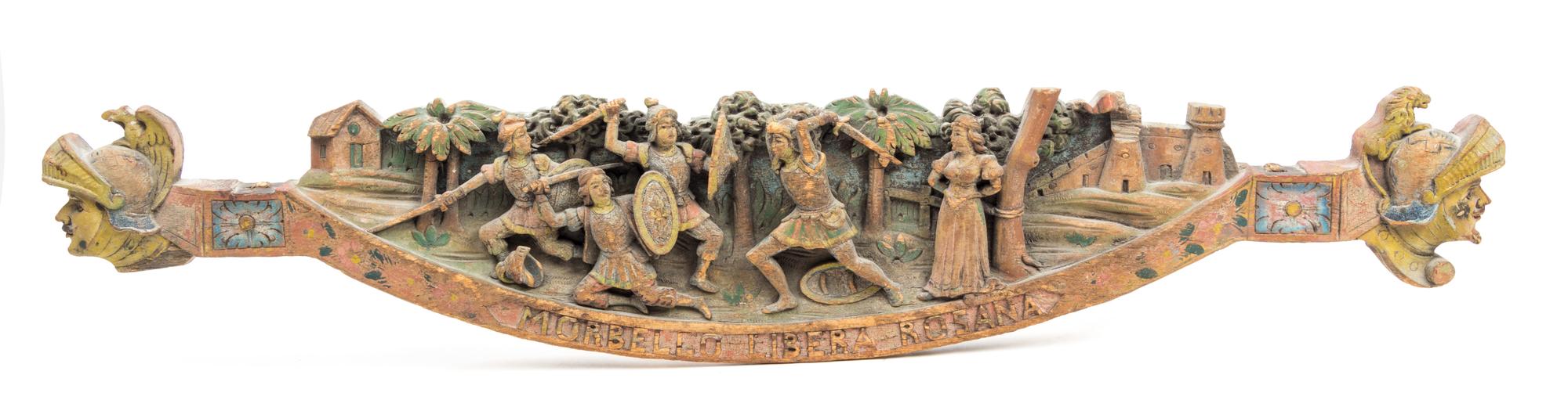 A Continental Polychrome Carved Wood Panel Width 35 1/4 inches.
