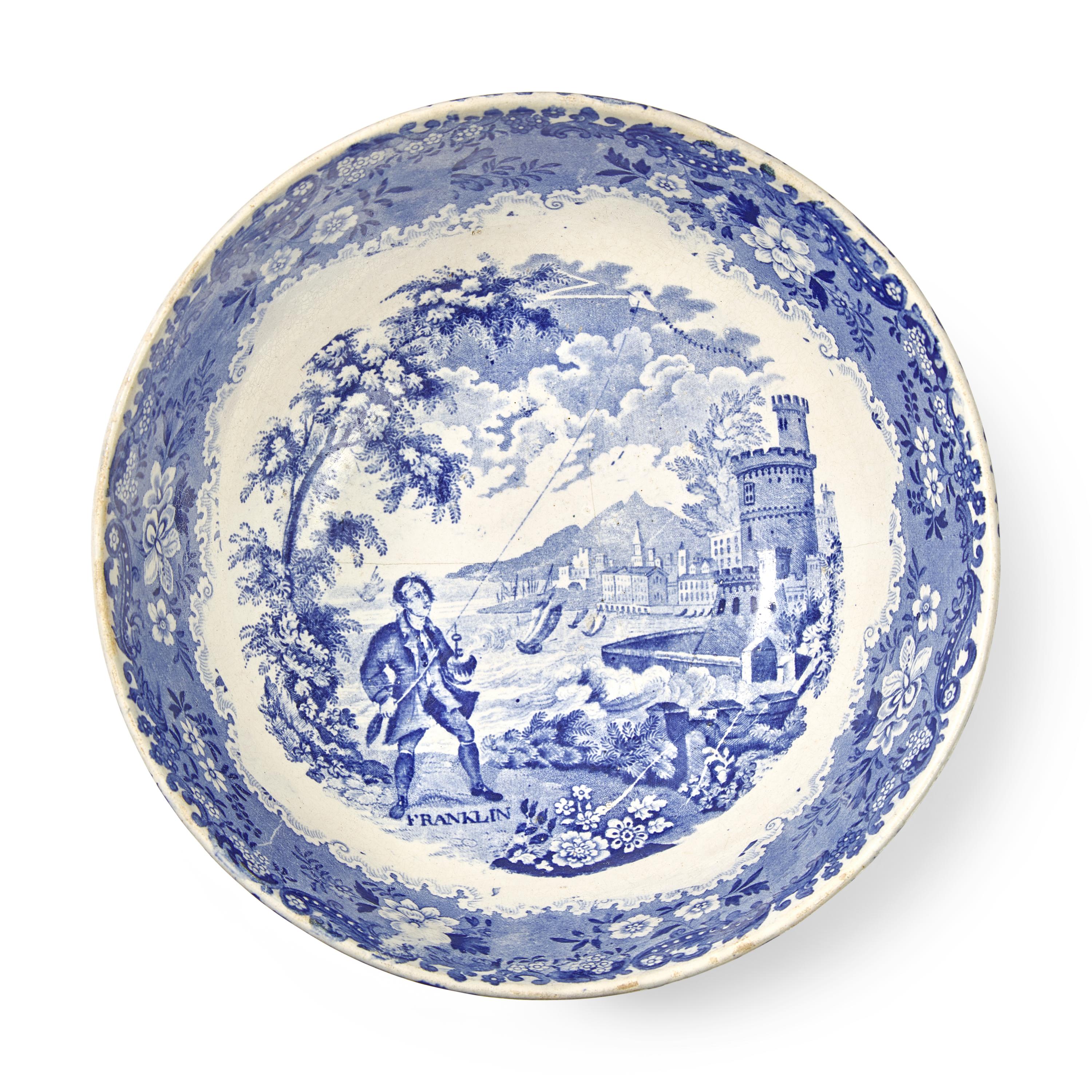 A Staffordshire Historical Transferware Franklin and Kite Pattern Punch Bowl and Basin