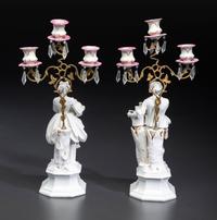 A Pair of French Parian and Enameled Metal Three-Light Figural Candelabra