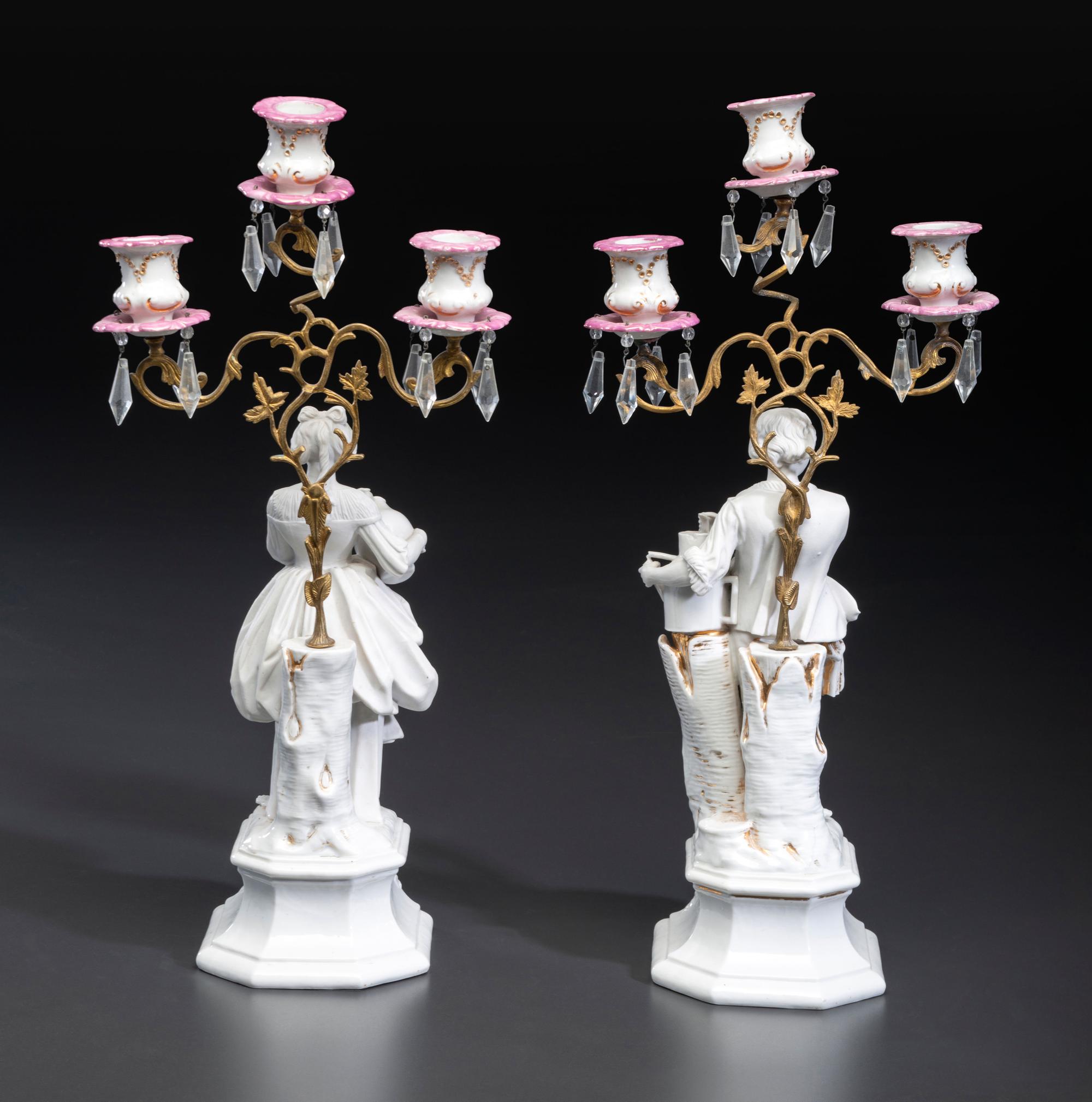 A Pair of French Parian and Enameled Metal Three-Light Figural Candelabra