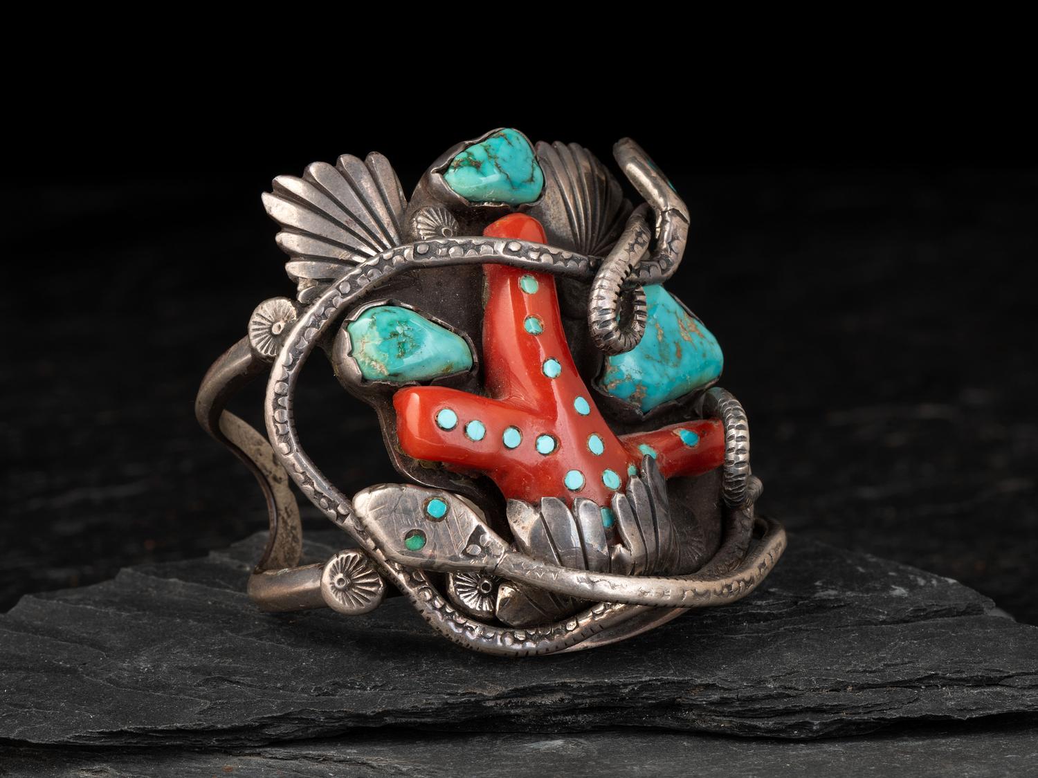 Serpent Cuff Bracelet, set with Turquoise and Coral