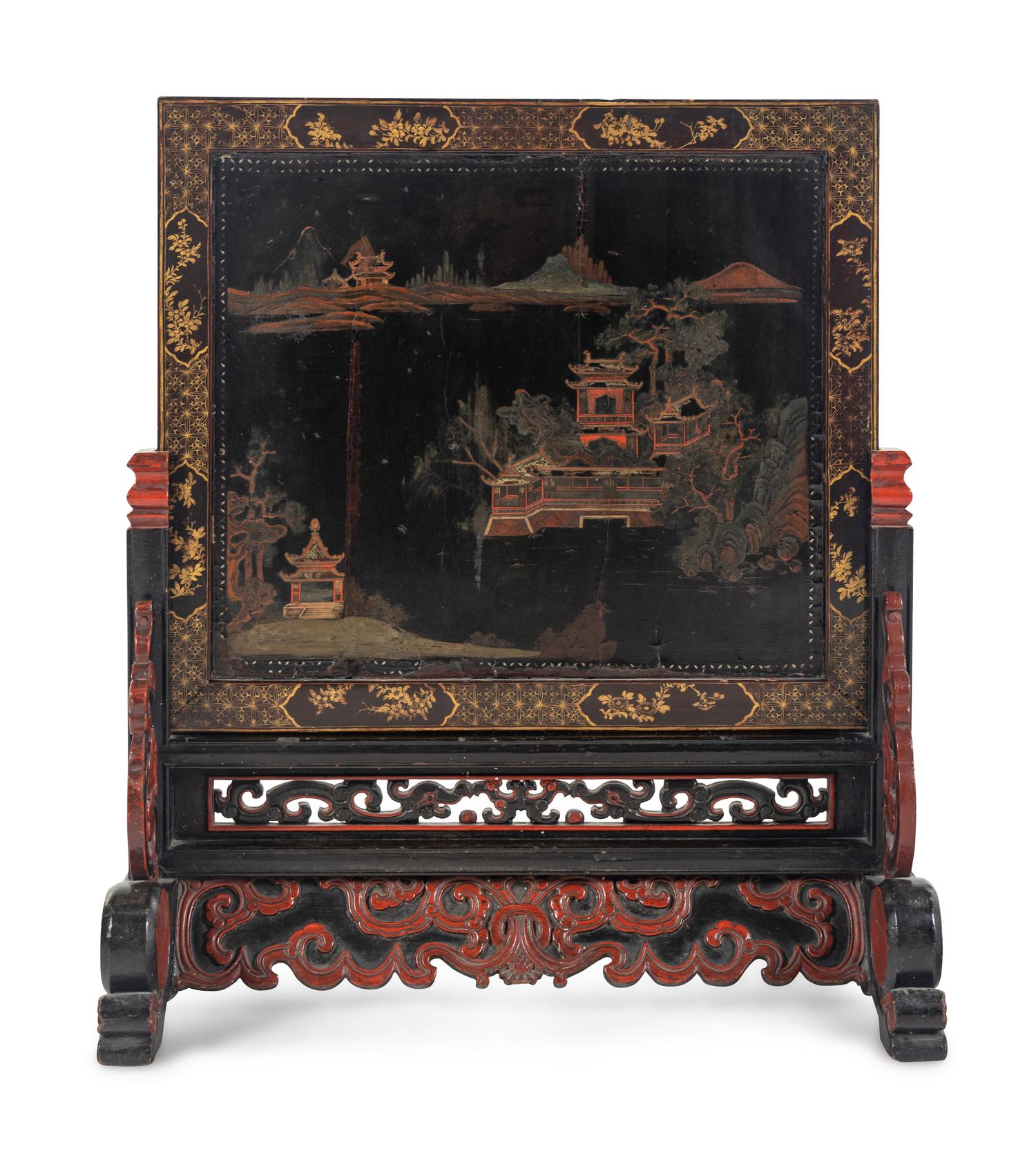 A Chinese Export Painted Table Screen in a Carved Lacquer Stand