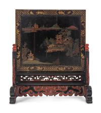 A Chinese Export Painted Table Screen in a Carved Lacquer Stand