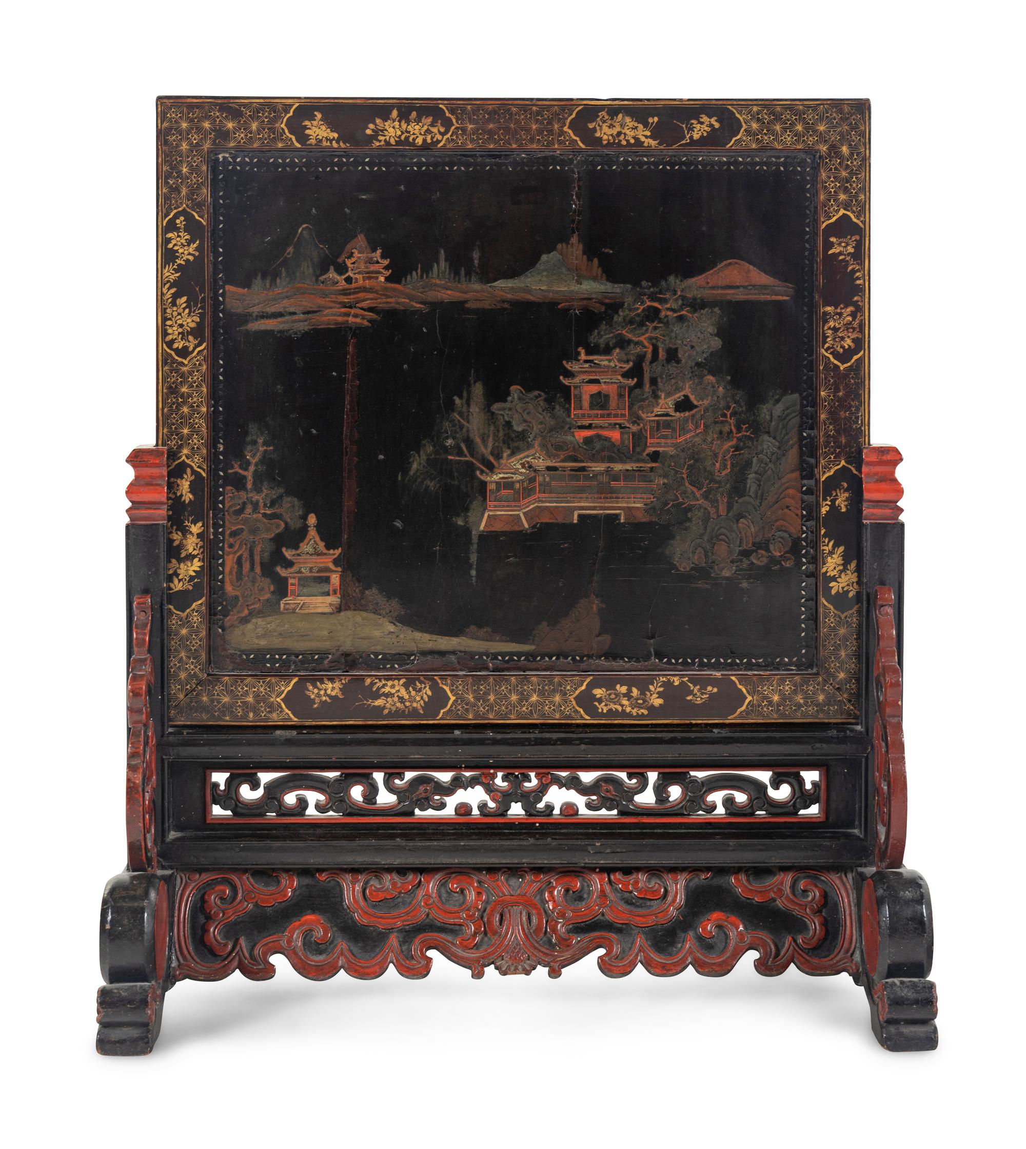 A Chinese Export Painted Table Screen in a Carved Lacquer Stand