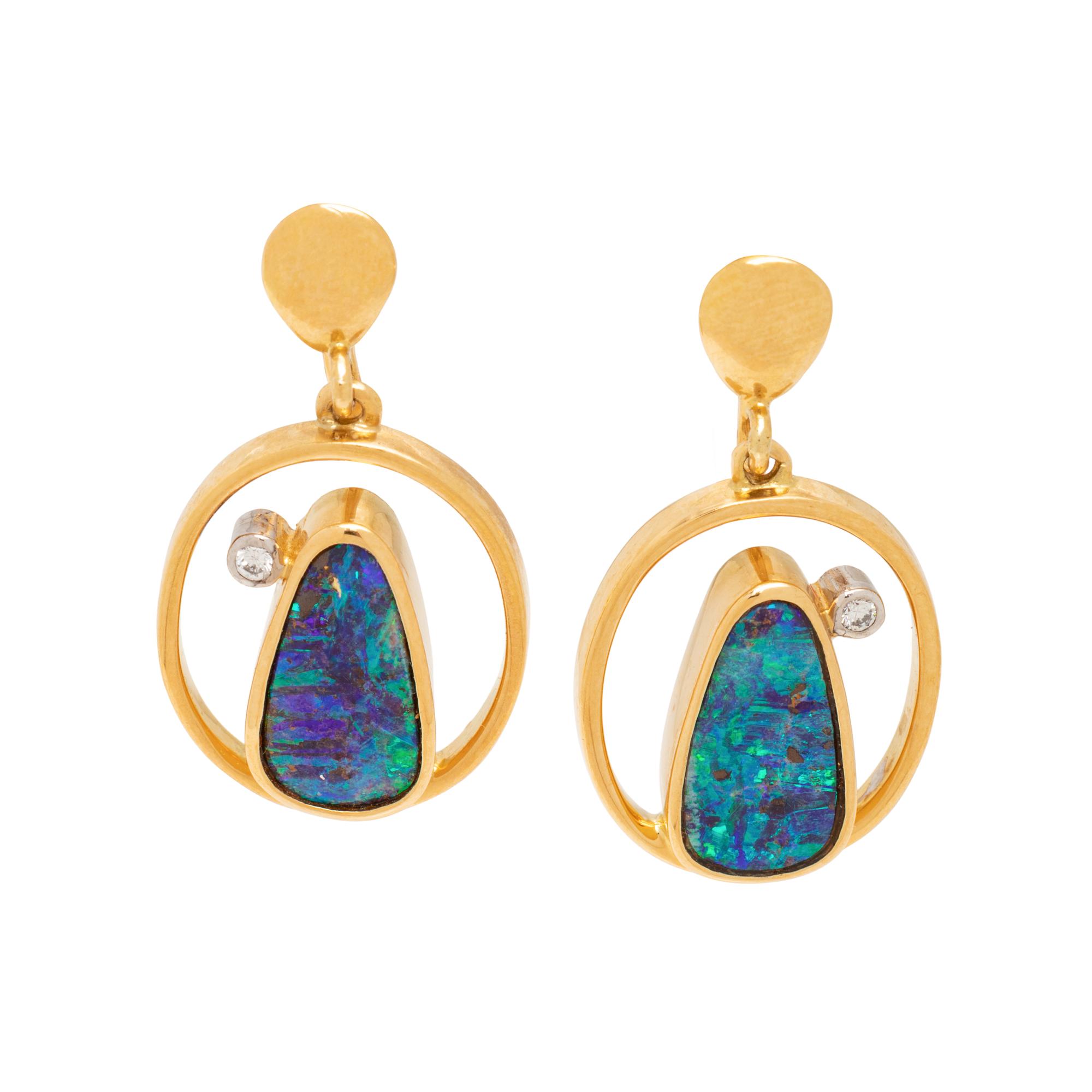 YELLOW GOLD, OPAL AND DIAMOND EARCLIPS