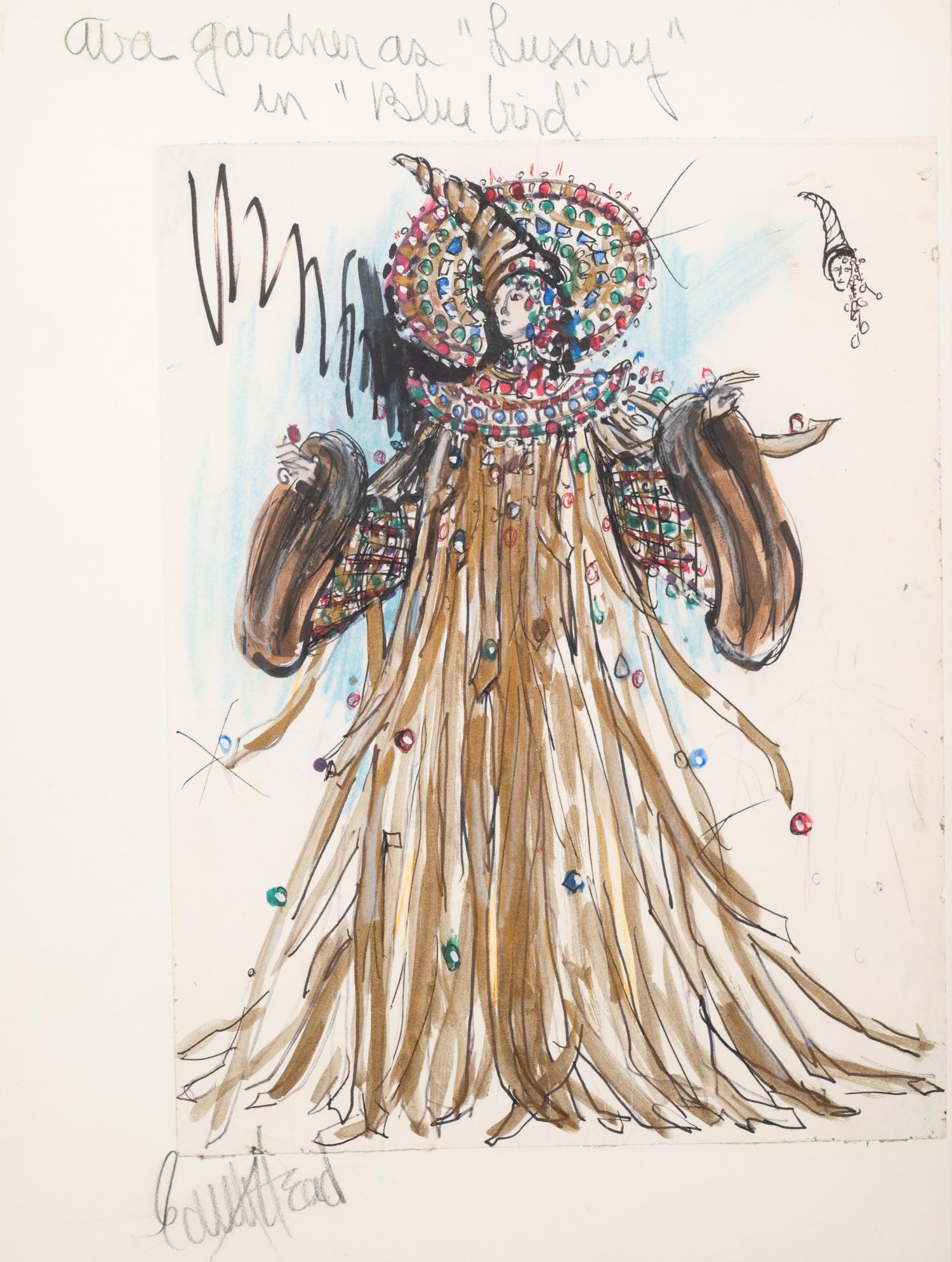 Edith Head Costume Illustration for Ava Gardner in Blue Bird , c1976