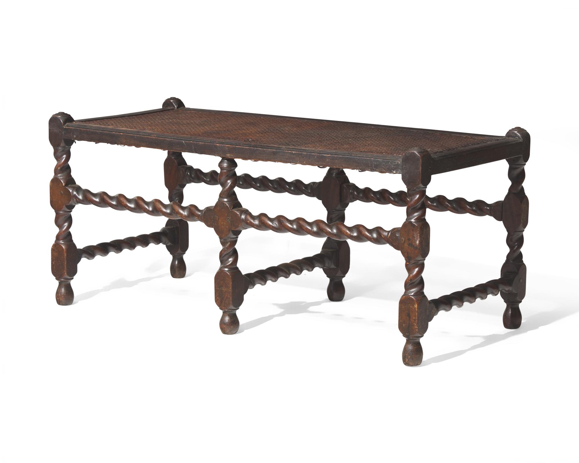 A Charles II Carved and Caned Walnut Bench, Late 17th Century