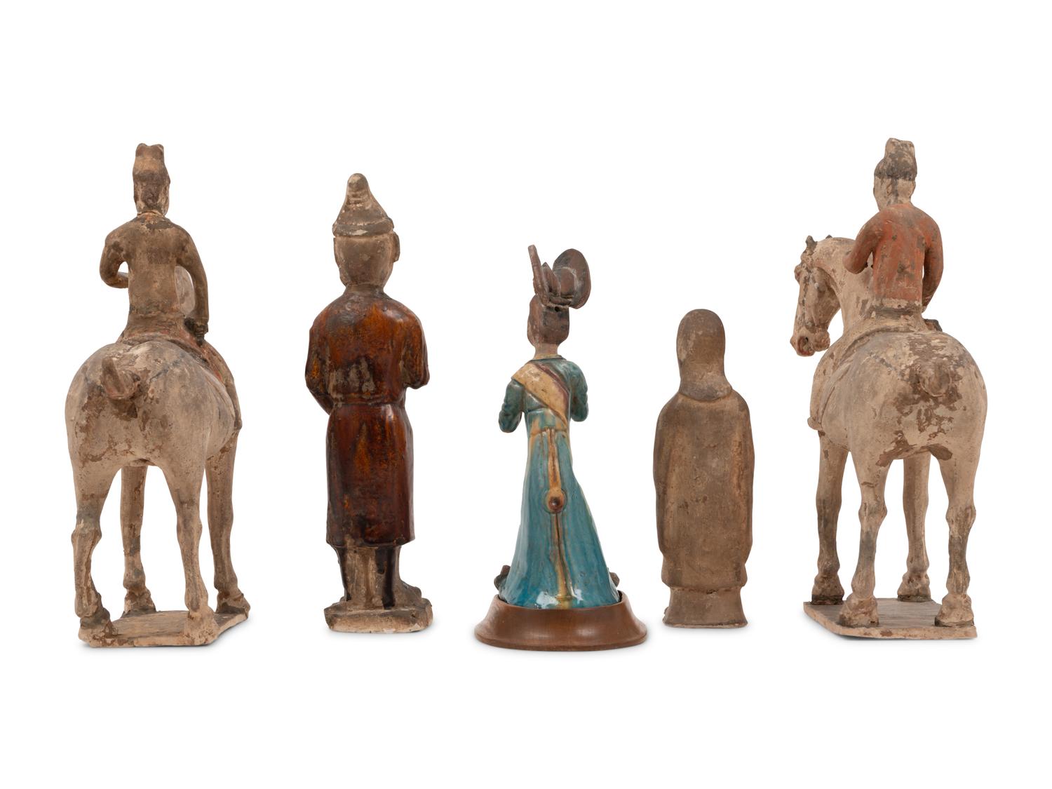 A Pair of Chinese Glazed Terra Cotta Horses with Riders and Three Glazed Terra Cotta Figures