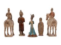 A Pair of Chinese Glazed Terra Cotta Horses with Riders and Three Glazed Terra Cotta Figures