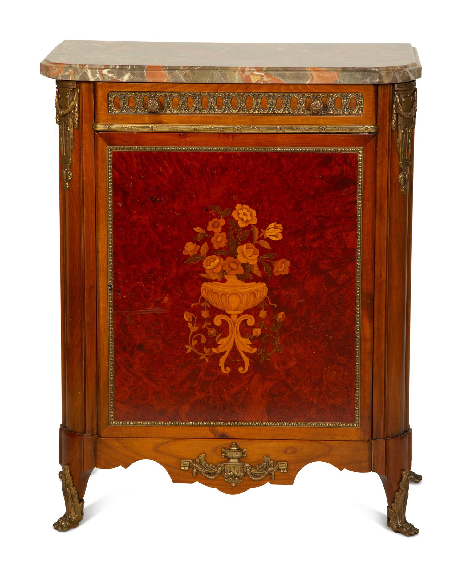A Louis XVI Style Gilt Bronze Mounted Marquetry Marble-Top Cabinet