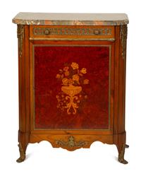 A Louis XVI Style Gilt Bronze Mounted Marquetry Marble-Top Cabinet