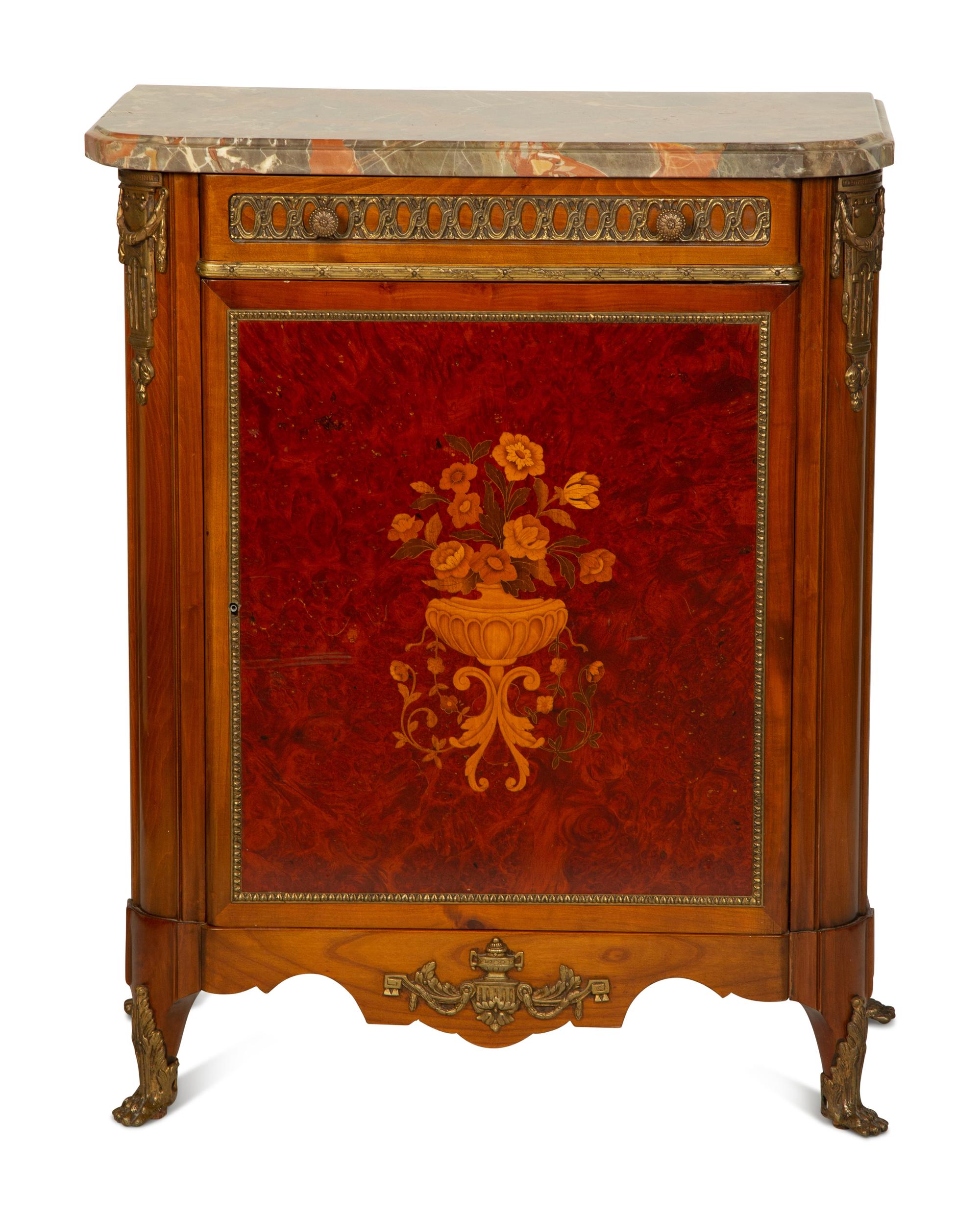 A Louis XVI Style Gilt Bronze Mounted Marquetry Marble-Top Cabinet