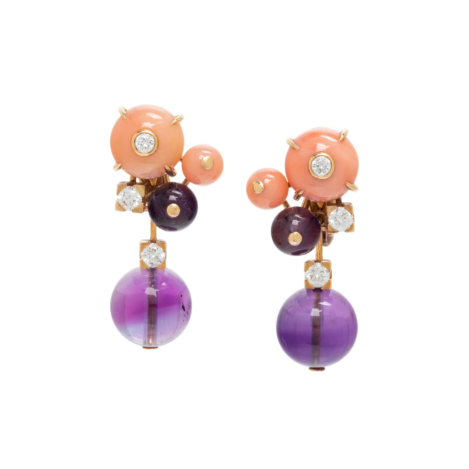 CARTIER, DIAMOND, CORAL AND AMETHYST 'DELICES DE GOA' EARRING