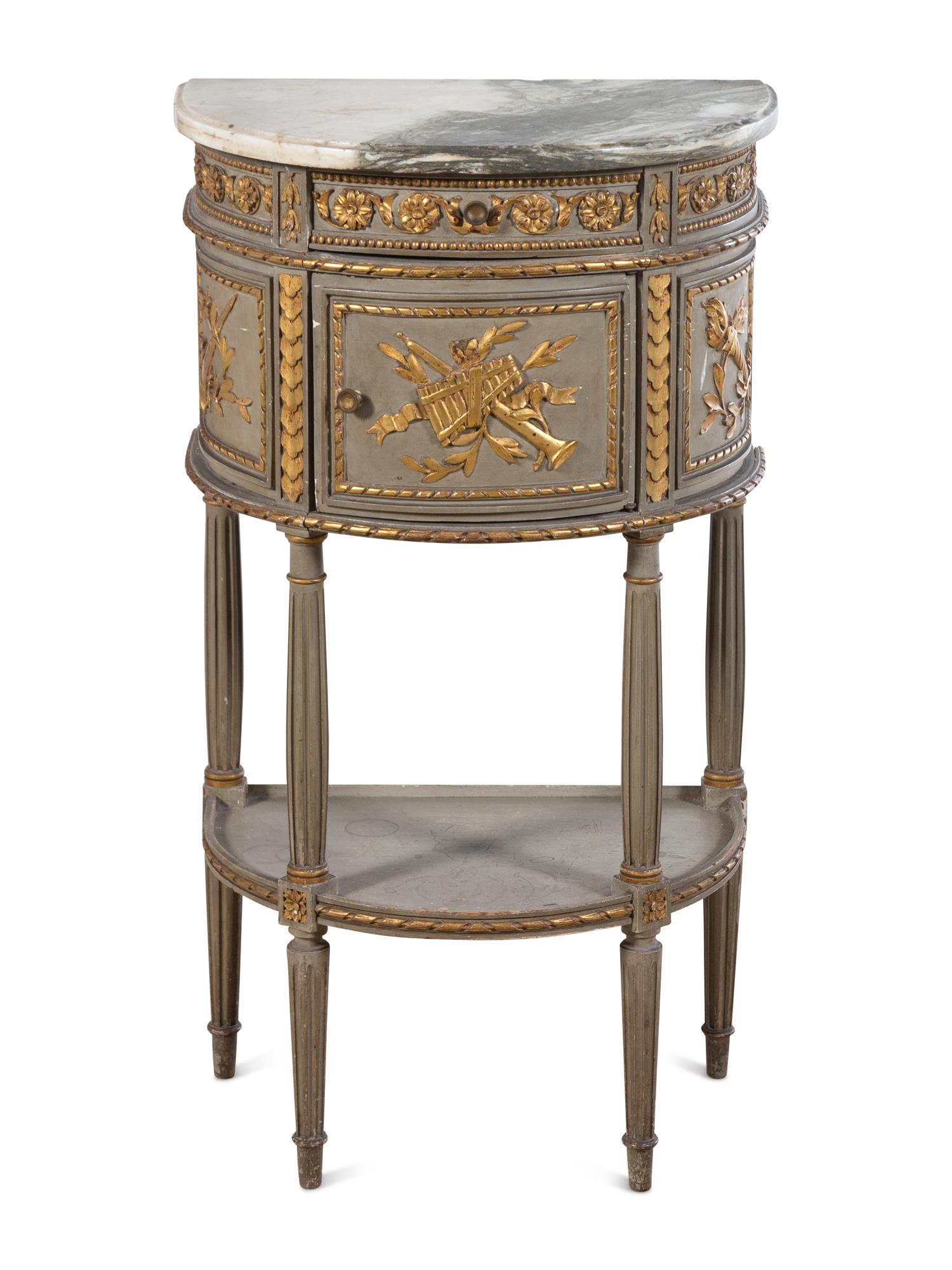 A Louis XVI Style Painted and Parcel Gilt Marble-Top Demilune Commode