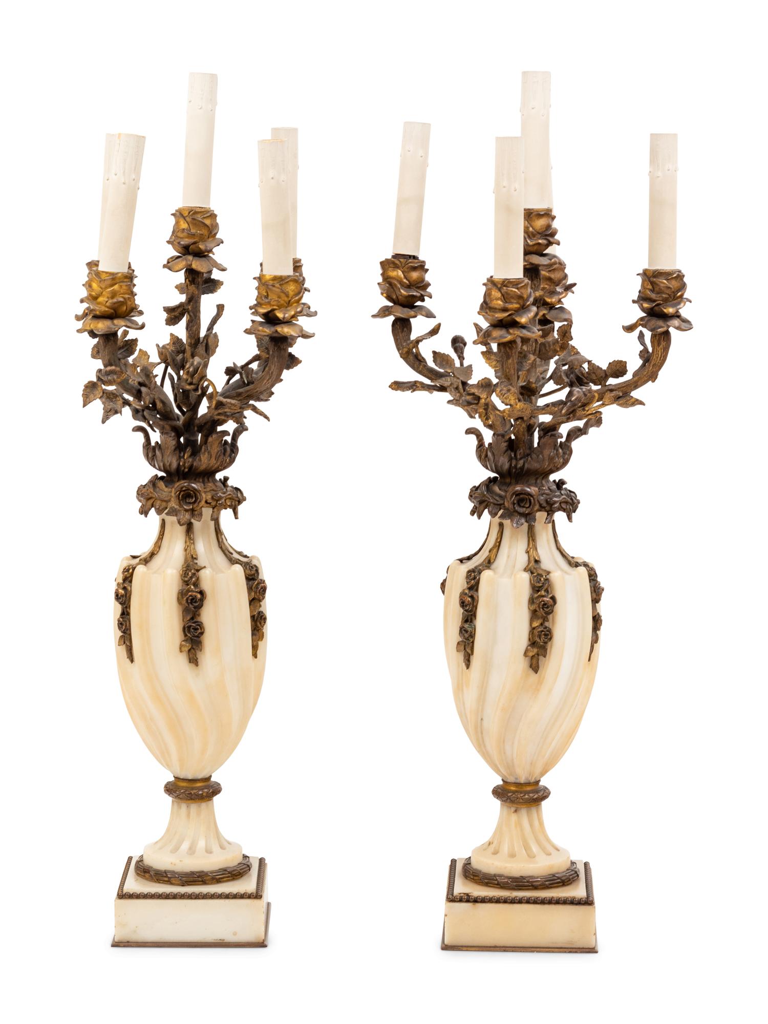 A Pair of French Bronze and Marble Urn-Form Five-Light Candelabra