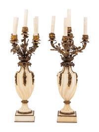 A Pair of French Bronze and Marble Urn-Form Five-Light Candelabra