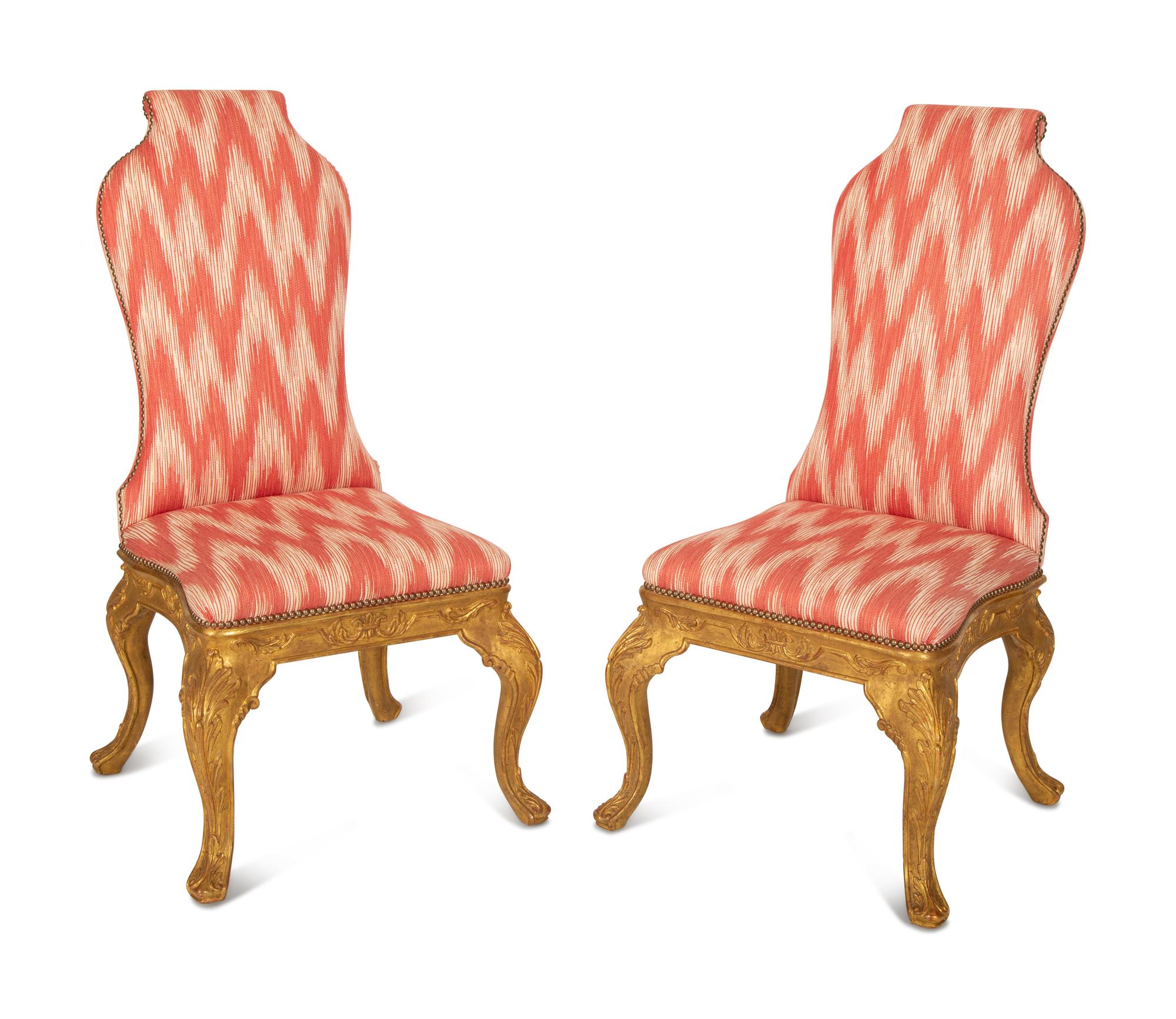 A Pair of Queen Anne Style Carved Giltwood Side Chairs