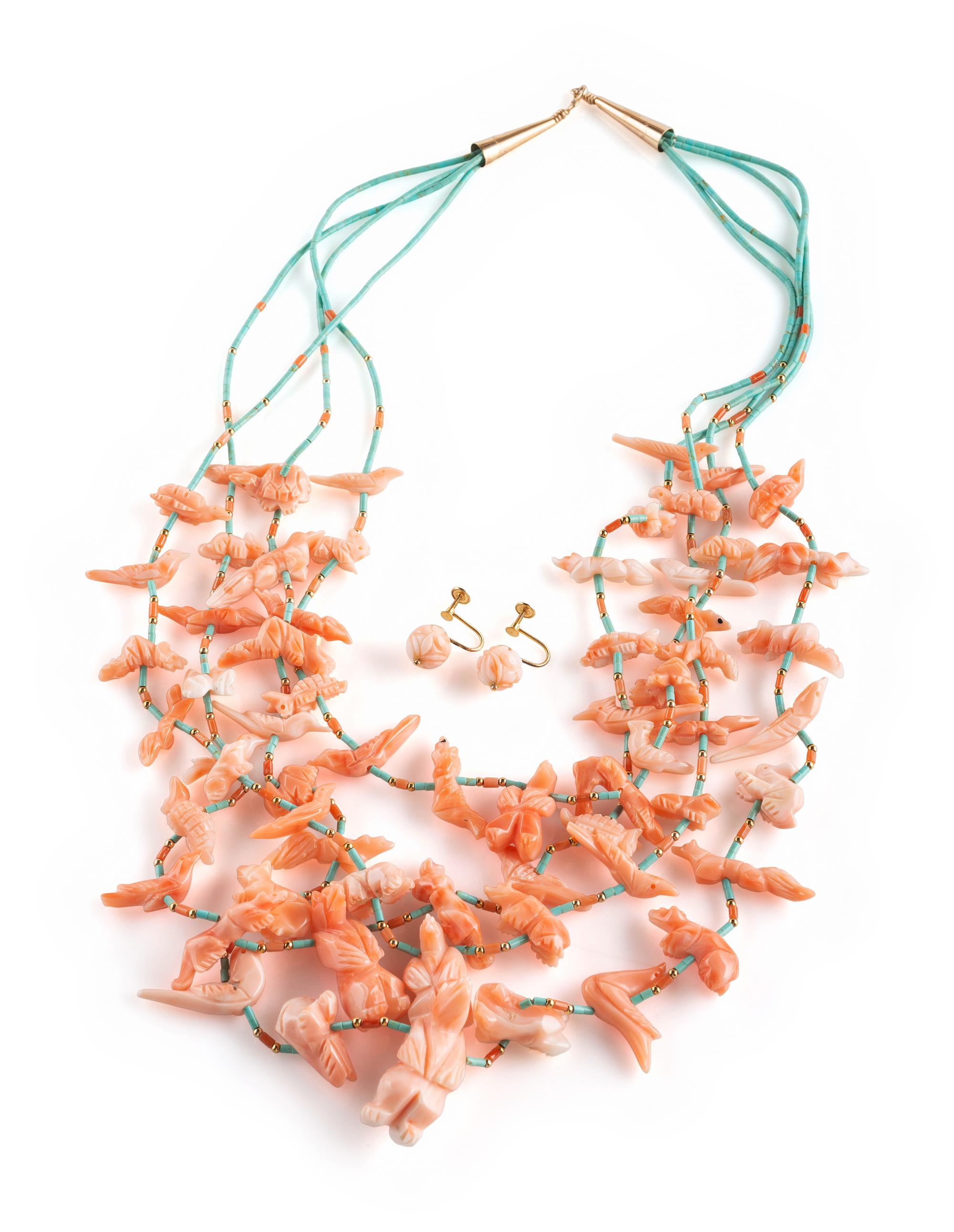 Zuni Multi-strand Fetishe Necklace, with Gold Findings, PLUS Screwback Earrings