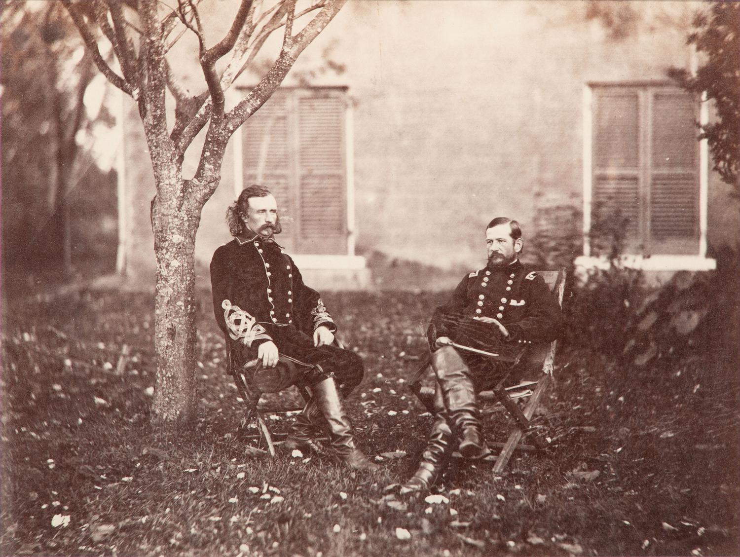 [CUSTER, George Armstrong (1839-1876)]. O'SULLIVAN, Timothy (1840-1882), photographer. Large format photograph of Generals George A. Custer and Alfred Pleasanton, Warrenton, VA, 9 October 1863.