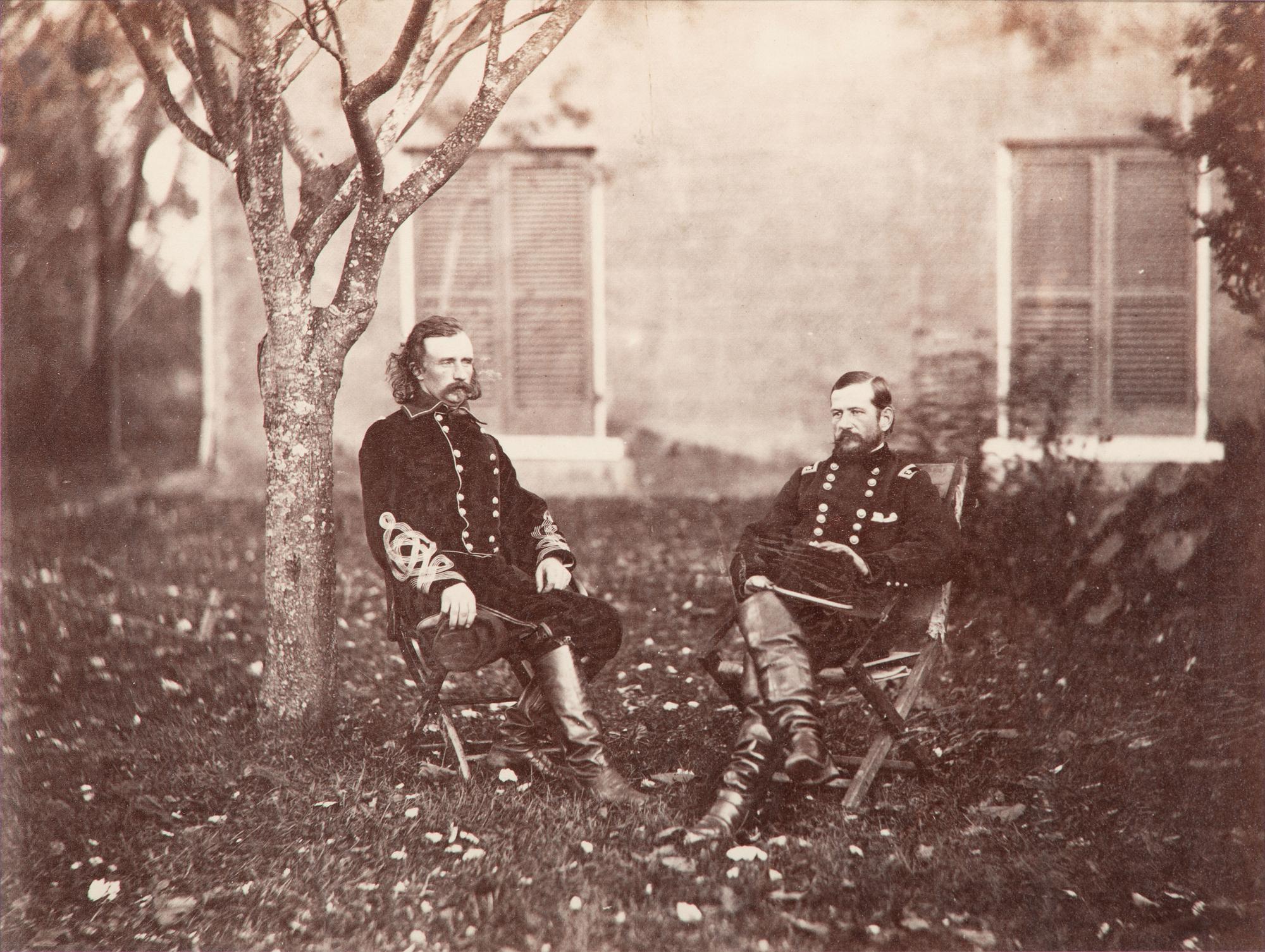[CUSTER, George Armstrong (1839-1876)]. O'SULLIVAN, Timothy (1840-1882), photographer. Large format photograph of Generals George A. Custer and Alfred Pleasanton, Warrenton, VA, 9 October 1863.