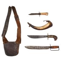 Lot of Three Bowie Knives, Possibles Bag, and Powder Horn