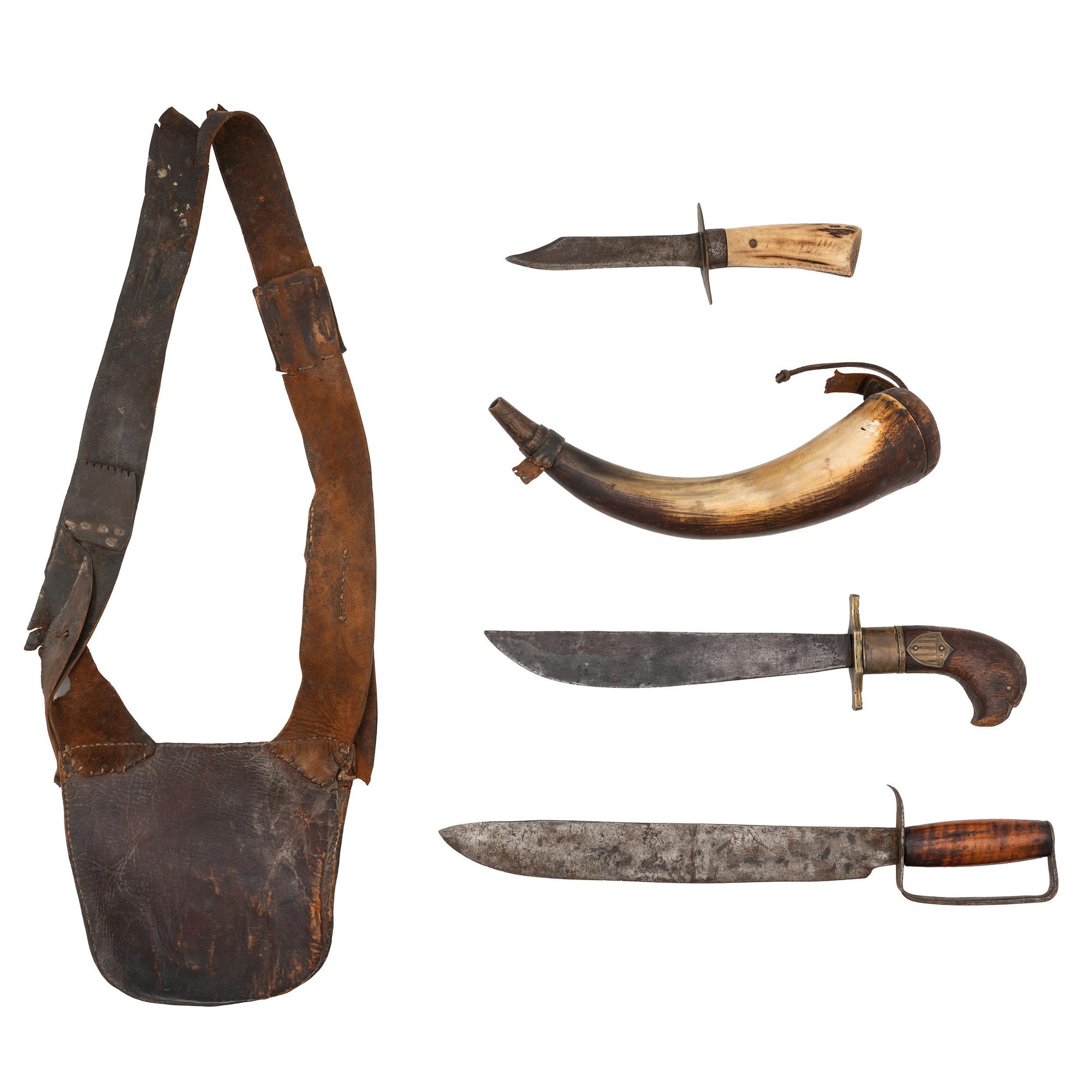 Lot of Three Bowie Knives, Possibles Bag, and Powder Horn