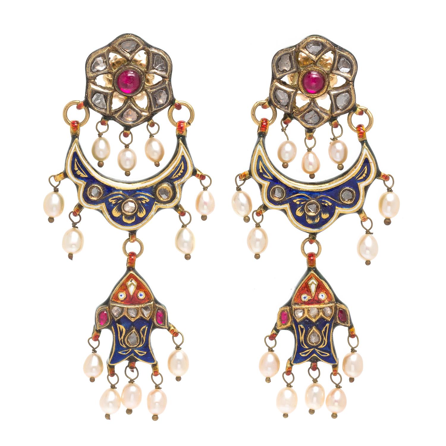 A Pair of Yellow Gold, Polychrome Enamel, Synthetic Ruby, Diamond and Cultured Pearl Earrings, 17.85 dwts.
