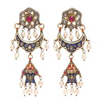 A Pair of Yellow Gold, Polychrome Enamel, Synthetic Ruby, Diamond and Cultured Pearl Earrings, 17.85 dwts.