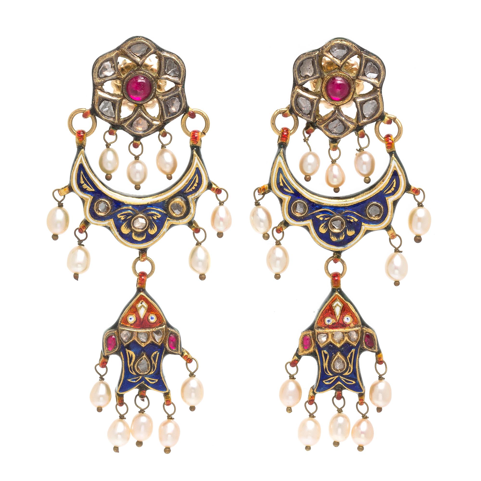 A Pair of Yellow Gold, Polychrome Enamel, Synthetic Ruby, Diamond and Cultured Pearl Earrings, 17.85 dwts.