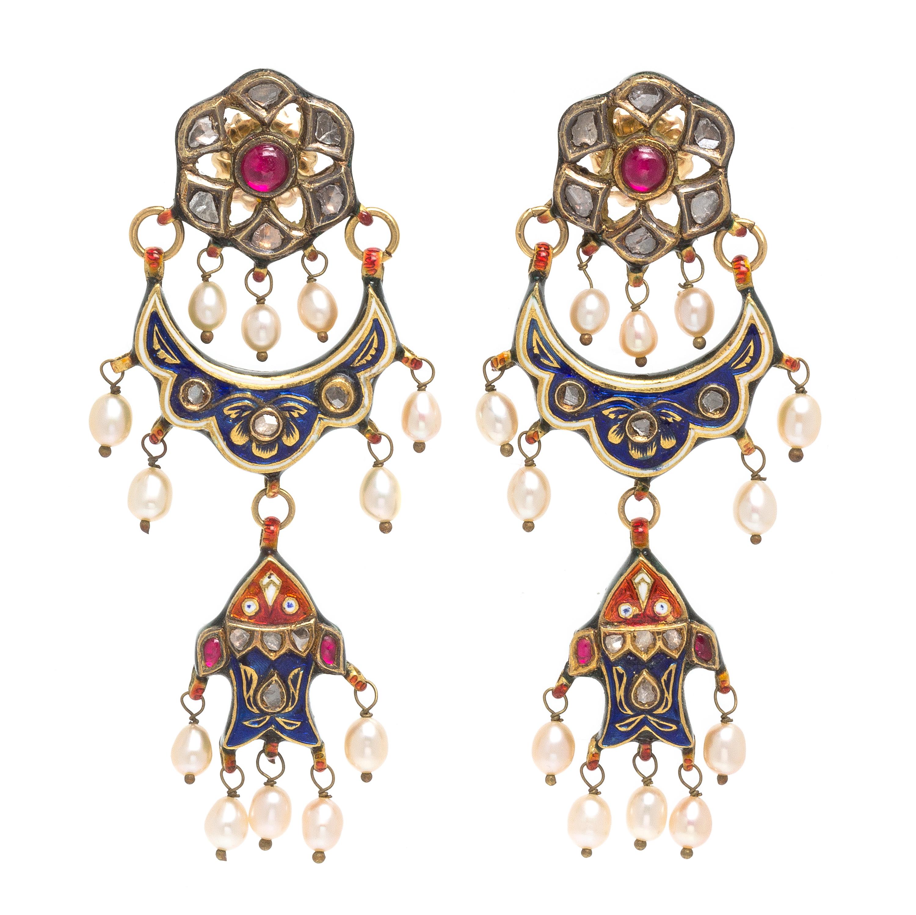 A Pair of Yellow Gold, Polychrome Enamel, Synthetic Ruby, Diamond and Cultured Pearl Earrings, 17.85 dwts.