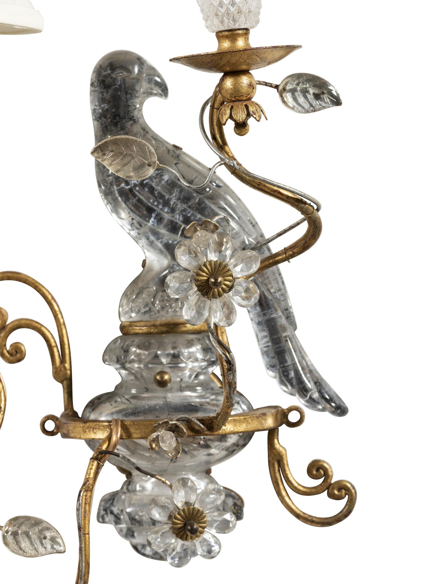 A Pair of Maison Baguès Gilt Metal and Glass Two-Light Parrot and Urn Sconces